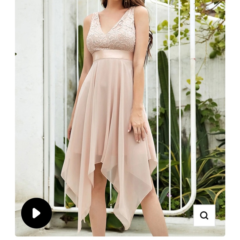 Deep V-Neck Lace Chiffon Dress with Asymmetrical Hem Size 6 Medium